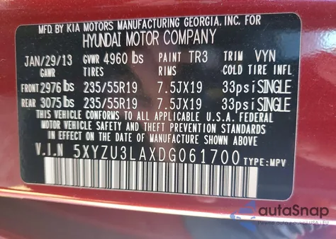 2013 Hyundai Santa Fe Sport z USA, uszkodzony, nr VIN 5XYZU3LAXDG061700